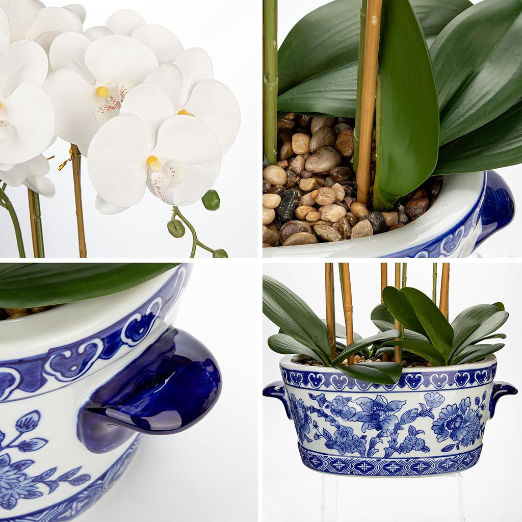 White faux orchid in blue and white porcelain pot