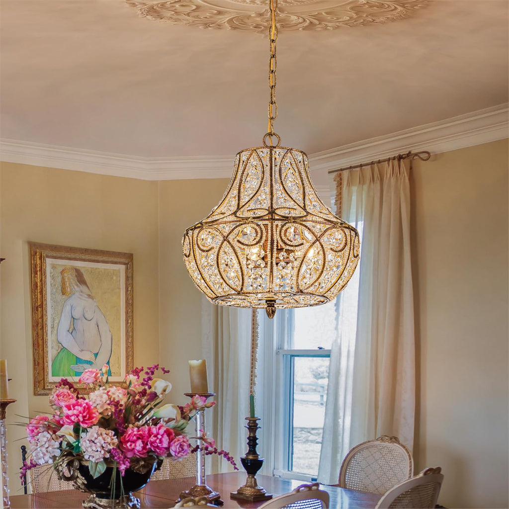 Antique Gold Gourd Beaded Chandelier, 13" Vintage Crystal Light
