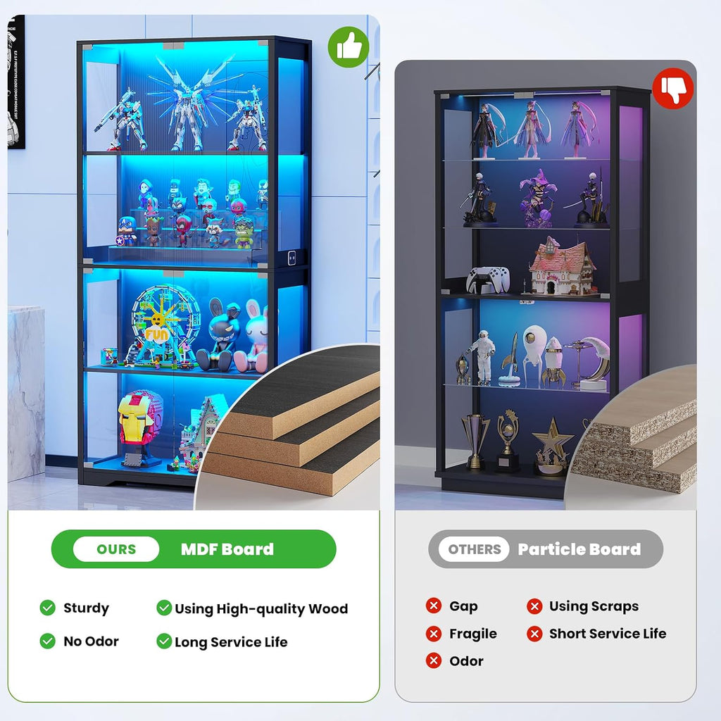 Display Cabinet with Glass Doors, 4-Tier Display Case, Black | Curio Cabinet with 3 Color Lights for Collectibles