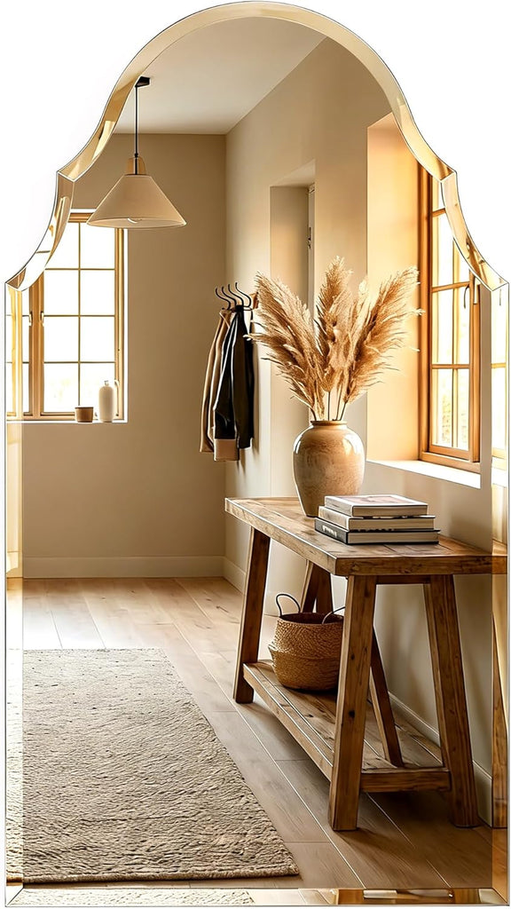 24 x 40 Inch Large Scalloped Arch Mirror, Frameless Beveled Vanity Mirror for Bathroom, Over Sink, Mantel