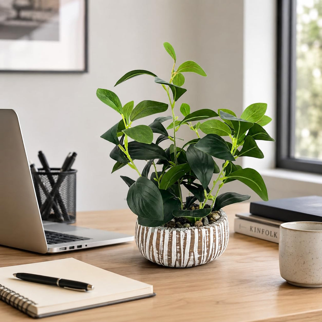 Artificial Potted Plants Life-Like Fake Plant with Farmhouse-Style Cement Planter Feturing Light Wood Tone for Room