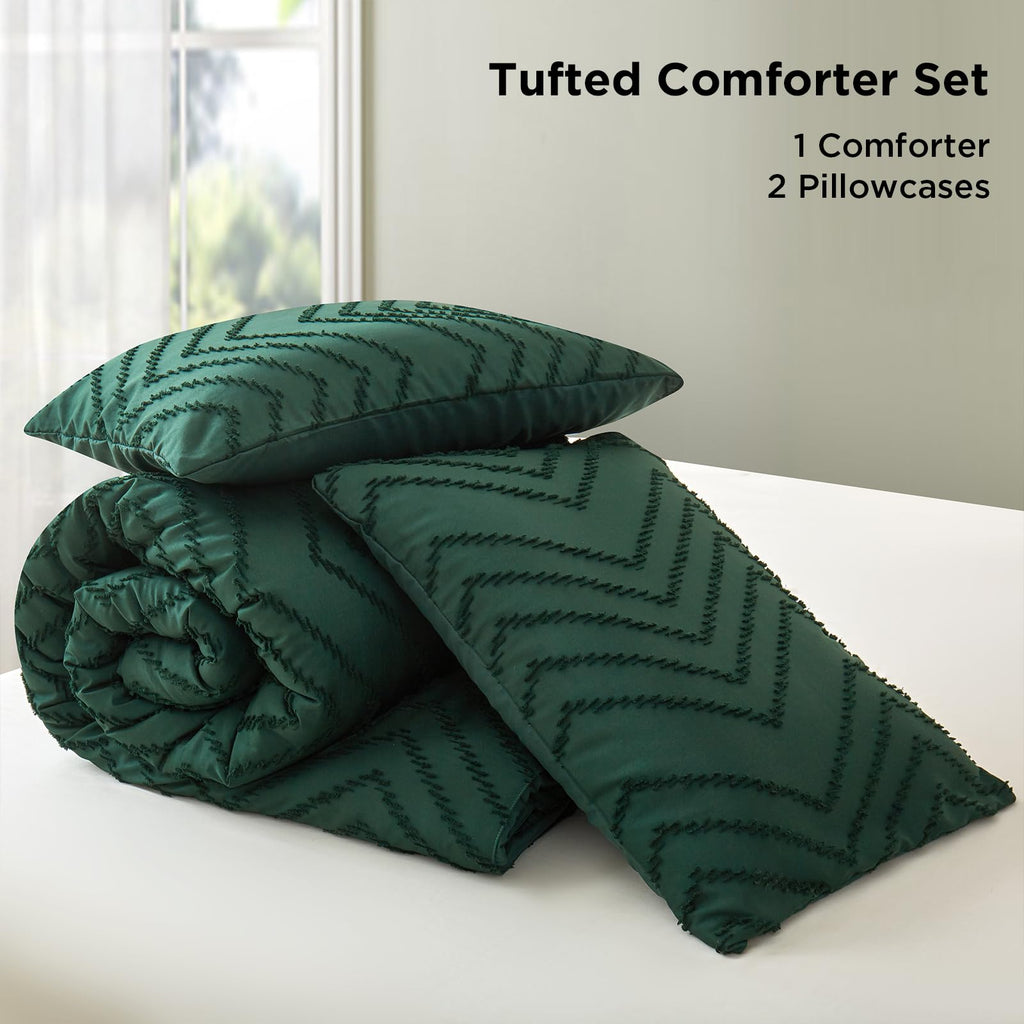 Tufted Boho King Size Comforter Set, Emerald Green Bohemian Farmhouse Bedding Set, 3 Pieces All Season Soft