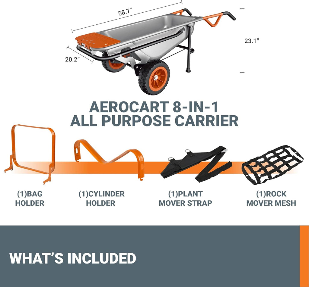Wheelbarrow Heavy Duty Dolly, 8-in-1 Aerocart Garden Cart, WG050 | lift 200 lbs like lifting 17 lbs; 8-in-1