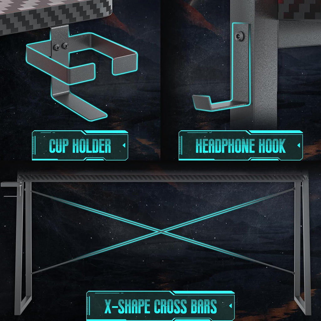 Gaming Desk with Hutch and LED Lights, Gaming Computer Desk with Power Outlets, Gamer Desk with Storage Shelves, PC
