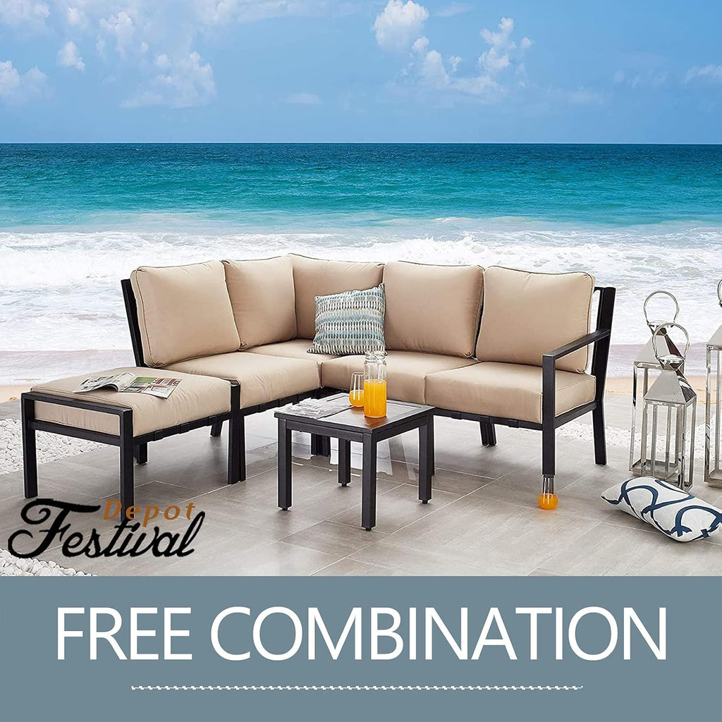 Ottoman Outdoor Footstool with 4.3 Cushion Small Seat All Weather Metal Furniture for Deck Poolside Yard, Grey