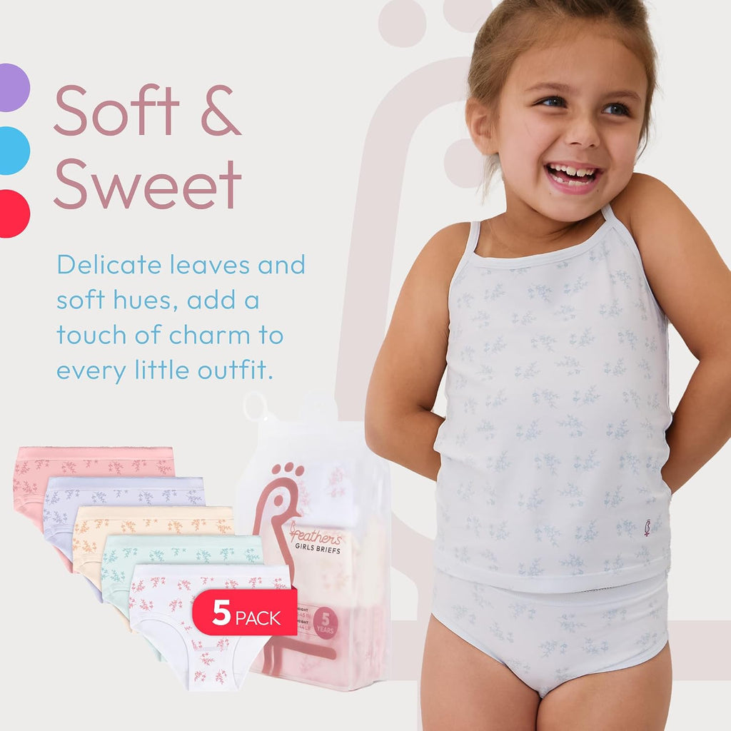 Girls Leafy Print Underwear Tagless Briefs 5 Pack