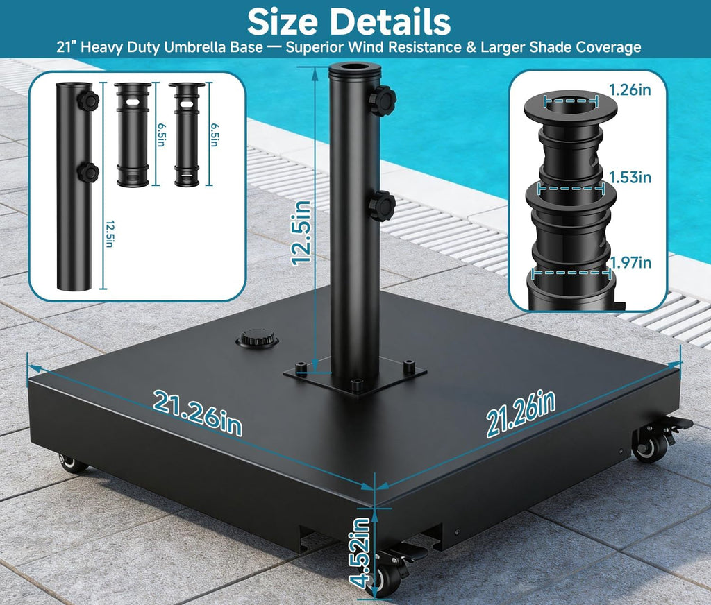 Metal Umbrella Base, 21 inch Heavy Duty Umbrella Stand with 4 Wheels | 200 lbs Max Capacity Fillable Base