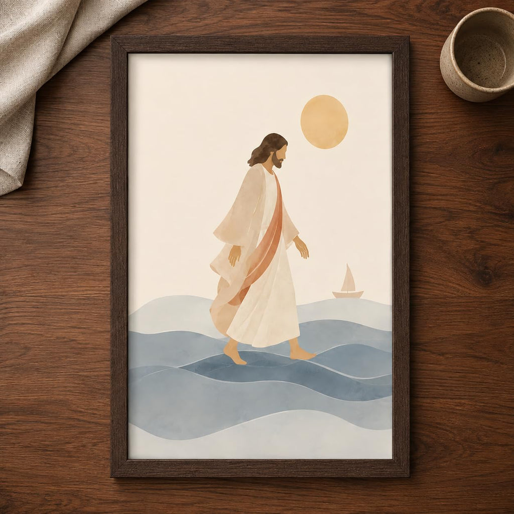 Framed Jesus Walking on Water Canvas Wall Art, Minimalist Christian Faith Wall Decor, Neutral Biblical Ocean Print