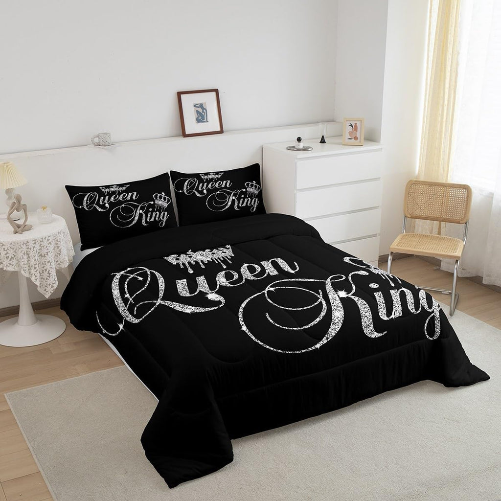 Feelyou Crown Queen and King Couple Comforter Sets His and Hers Bedding Set for Teens Women Men Black Grey King,Lover