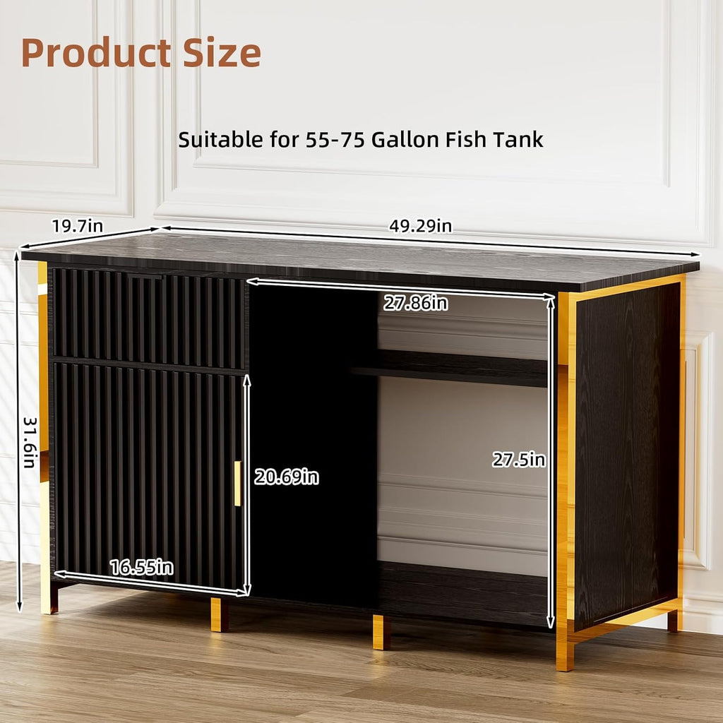55 Gallon Fish Tank Stand with Power Outlets, Black and Gold Aquarium Stand