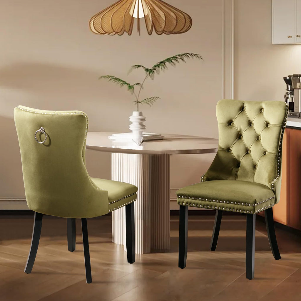 Velvet Upholstered Dining Chairs Set of 2, Modern Style Kitchen Side Chairs with Nailhead Trim and Wood Legs,Metal