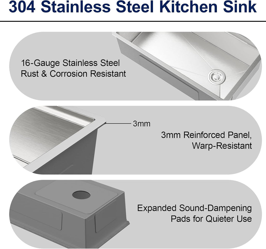 33 Inch Kitchen Sinks Undermount - 33" x 19" Stainless Steel Undermount Workstation 16 Gauge Single Bowl Deep Under