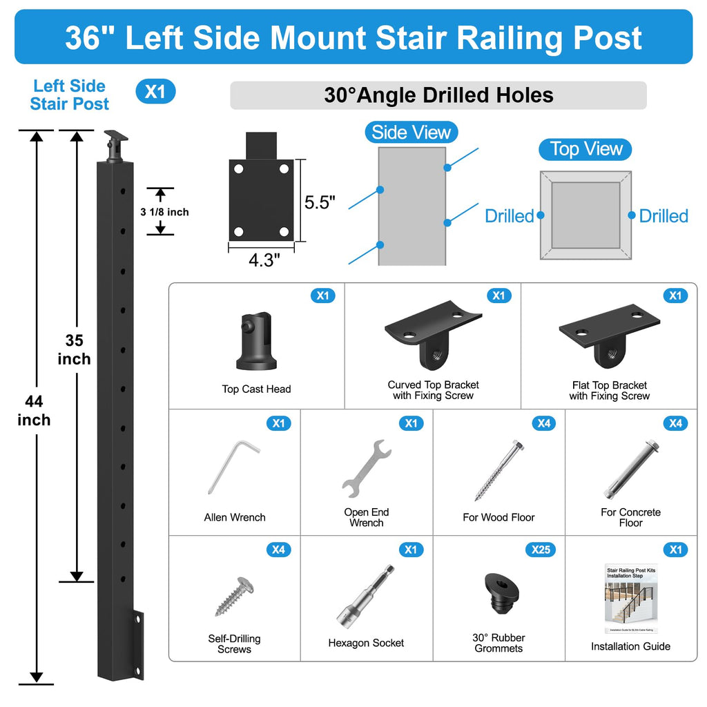 36", Stainless Steel Left Side 25-35 Degrees Stair Post w/Cable Grommets, Space-Saving Fascia Mount Deck Stair