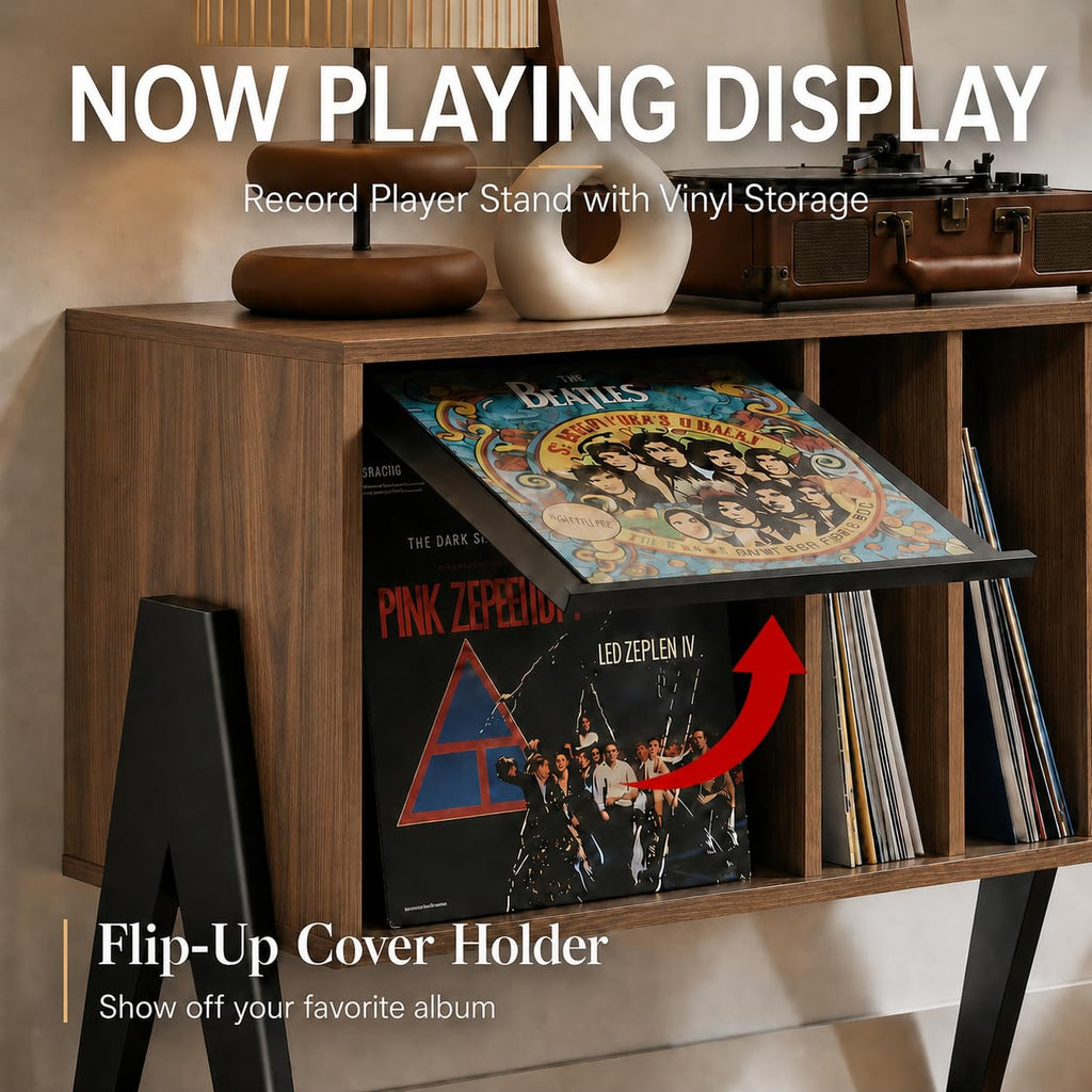 Record Player Stand with Vinyl Storage Cabinet, 32'' Mid Century Modern Turntable Console Table for Albums Display