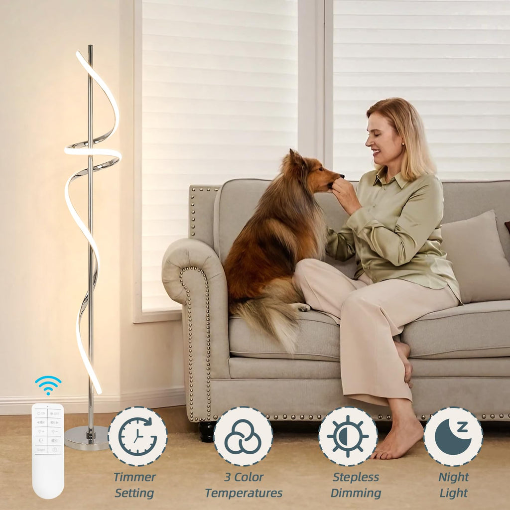 Modern Floor Lamp with Remote Control, Dimmable LED Floor Lamp, 48W Spiral Floor Light with 3 Color Temperatures