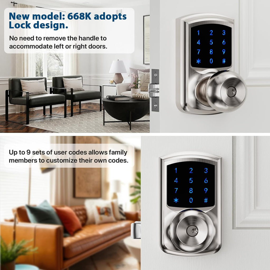 Keyless Entry Door Knob Electronic Digital Keypad Lock Satin Nickel 1Pack