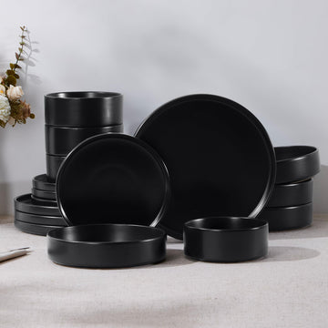 16-Piece Stoneware Dinnerware Sets with Pasta Bowls, Matte Black
