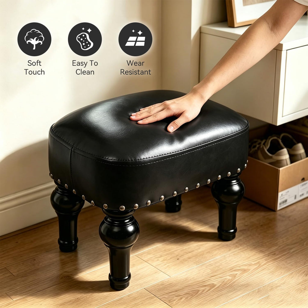 Leather Footrest Wood Ottoman, Rustic Foot Stools Seat, Wood Footstool, Rectangle Footrest Small Ottoman, Entrance Hall