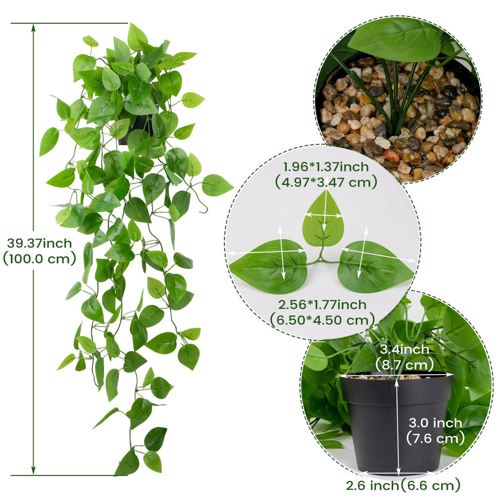 3 Pack Small Artificial Hanging Plants with Faux Ivy Vine and Hanging Pothos 39Inch Fake Plant Realistic Greenery for