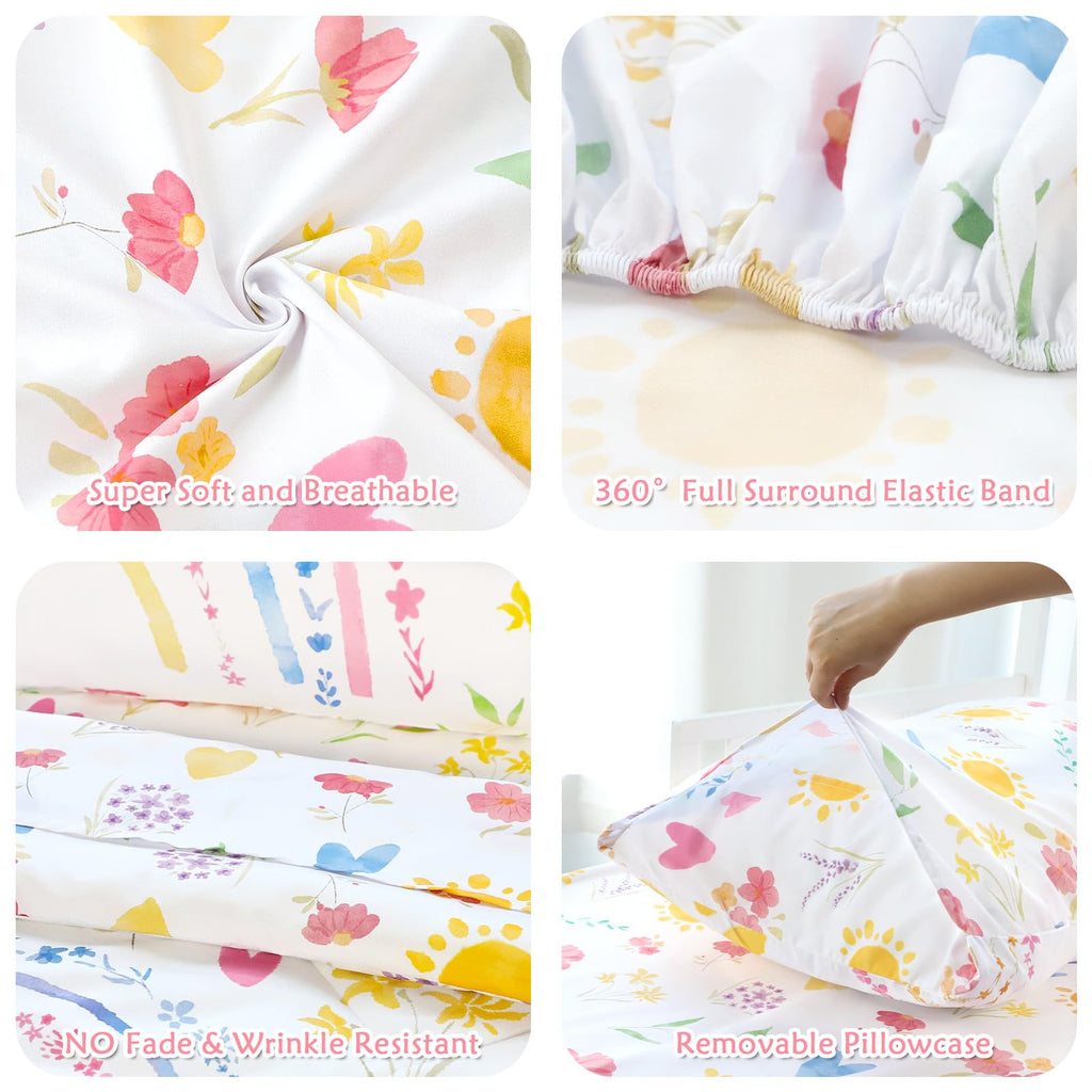 Toddler Bedding Set for Girls, 4 Piece Soft & Breathable Rainbow & Sun Crib Bedding Set, Bed-in-A-Bag Toddler