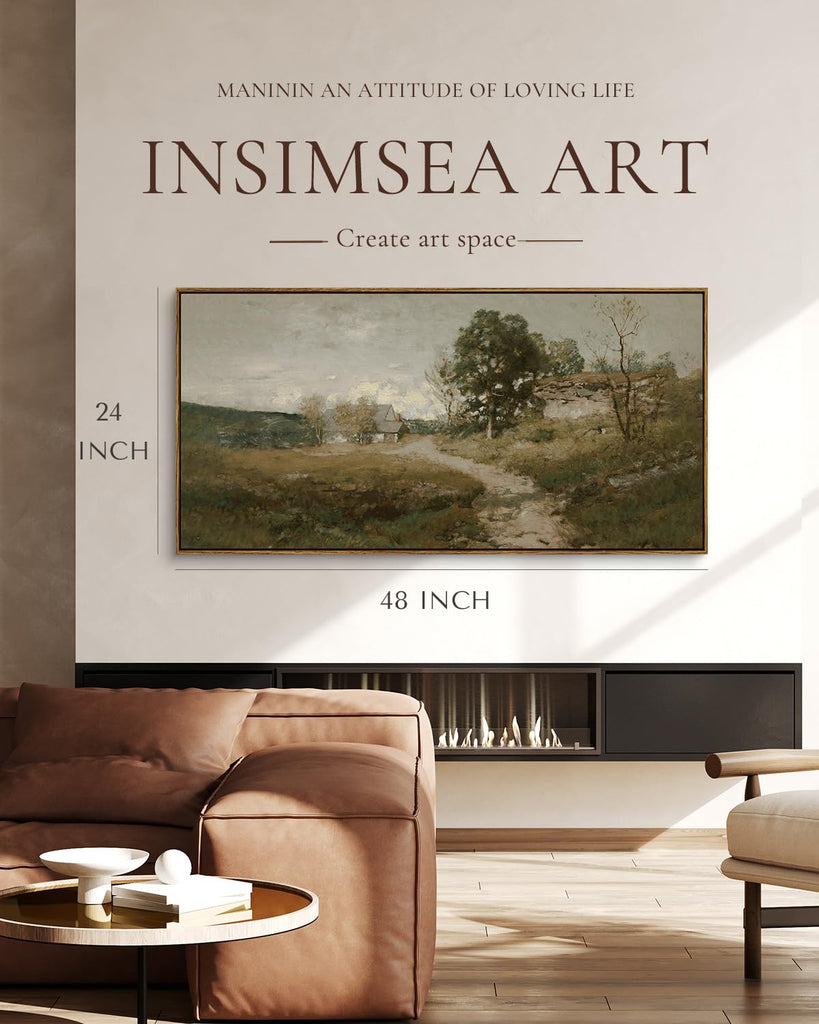 Extra Large Framed Vintage Wall Art, Rustic Landscape, 48x24in