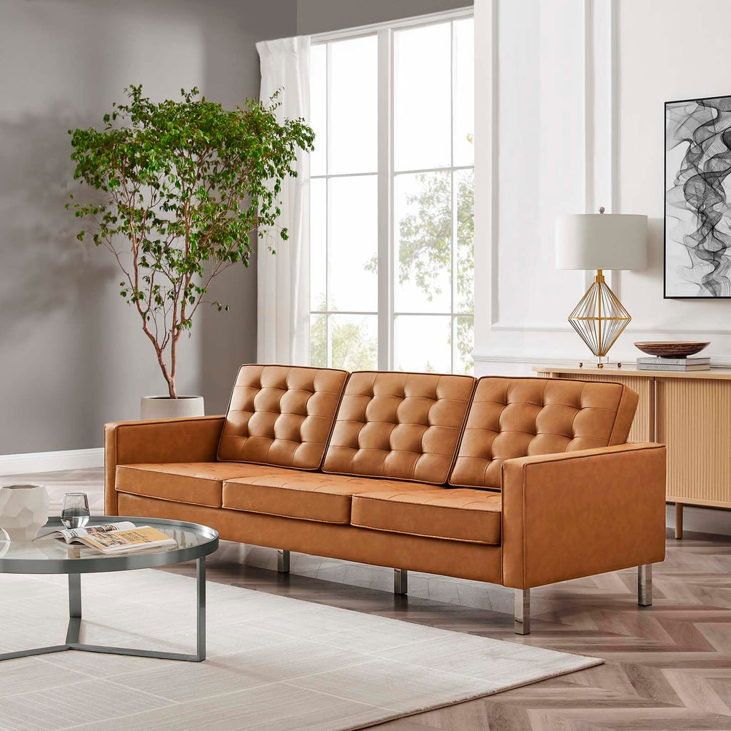 Loft Tufted Button Faux Leather Upholstered Sofa in Silver Tan