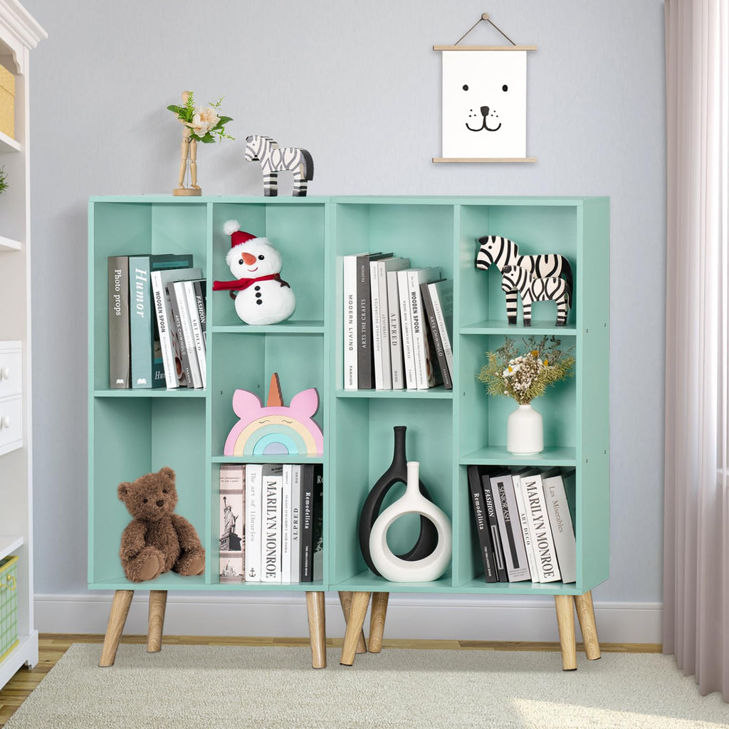 5 Cube Bookshelf, Mid-Century Modern Book Shelf with Legs, Green