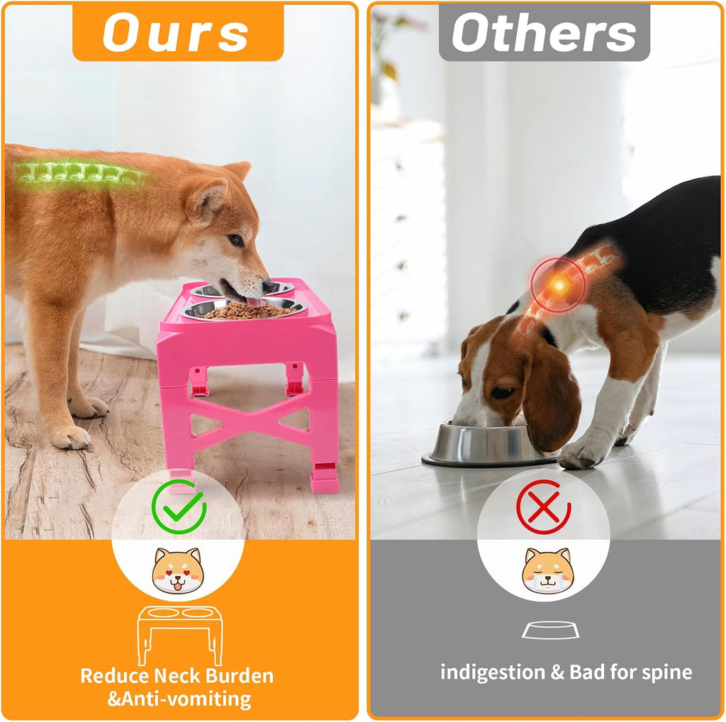 Elevated Dog Bowls with 2 Stainless Steel Dog Food & Water Raised Bowls with No Spill Edge Non-Slip Stand Adjusts to
