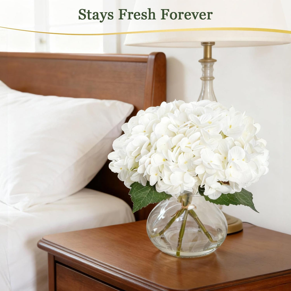 Artificial Hydrangea Flowers with Glass Vase, White Silk Fake Floral Arrangement for Dining, Coffee Table