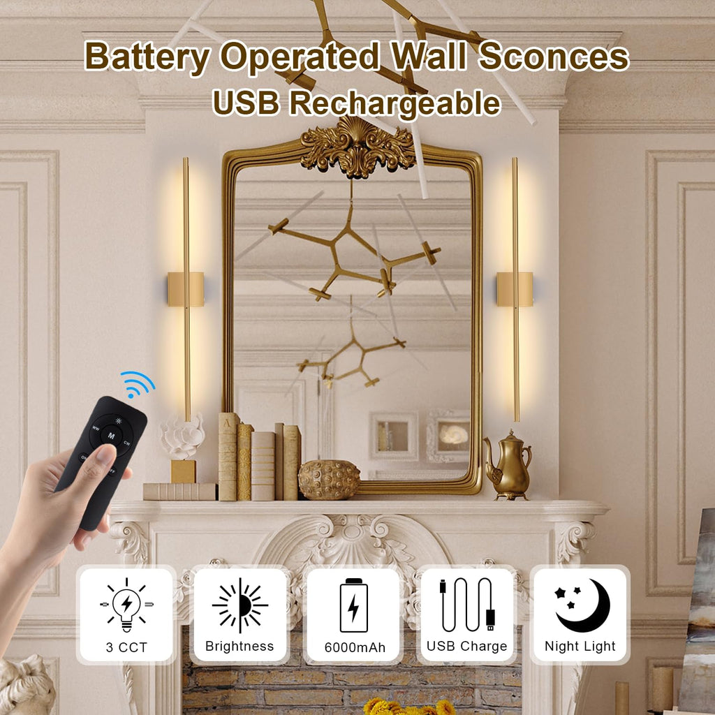 Battery Operated Wall Sconces Set of 2, USB Rechargeable Wall Lights with Remote Control, 360° Rotation, 6000mAh