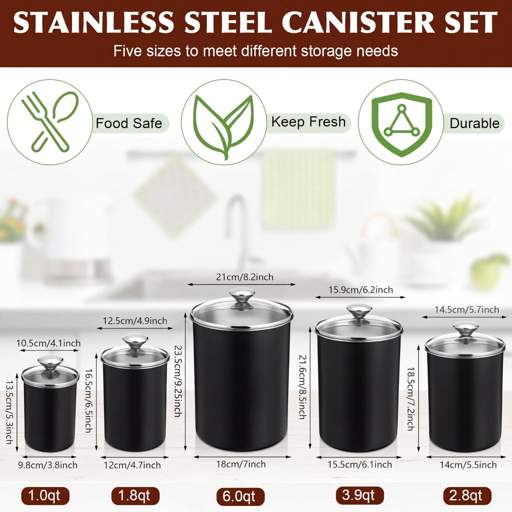 5 Pcs Stainless Steel Canister with Glass Lids, Black