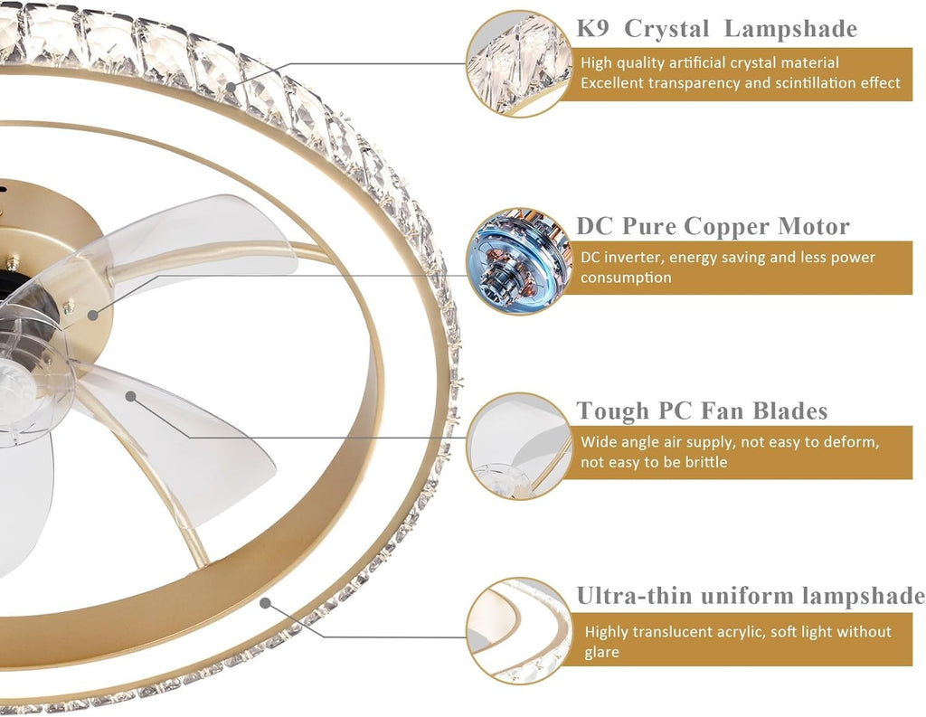Low Profile Modern Crystal Chandelier Ceiling Fans with Lights and Remote, 3000K-6500K Smart Bladeless LED Fan Light