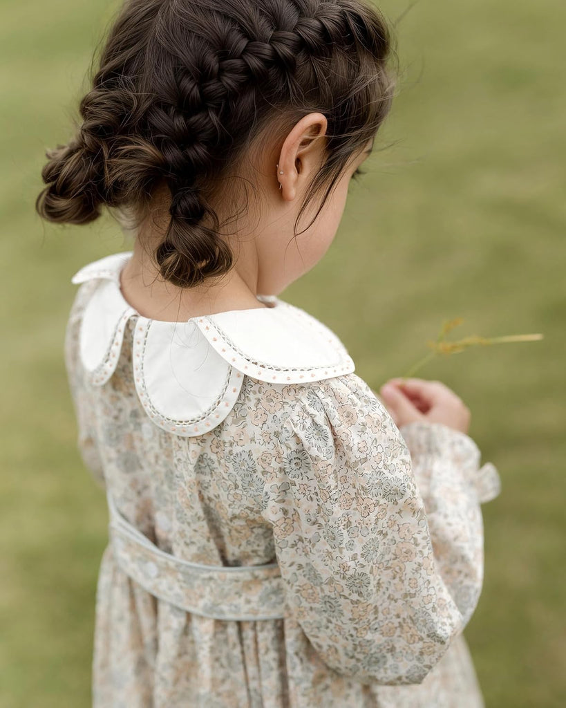 Toddler Baby Girl Smocked Dresses with Flower Collar|Floral Print Long Sleeve Ruffle Dress with Belt