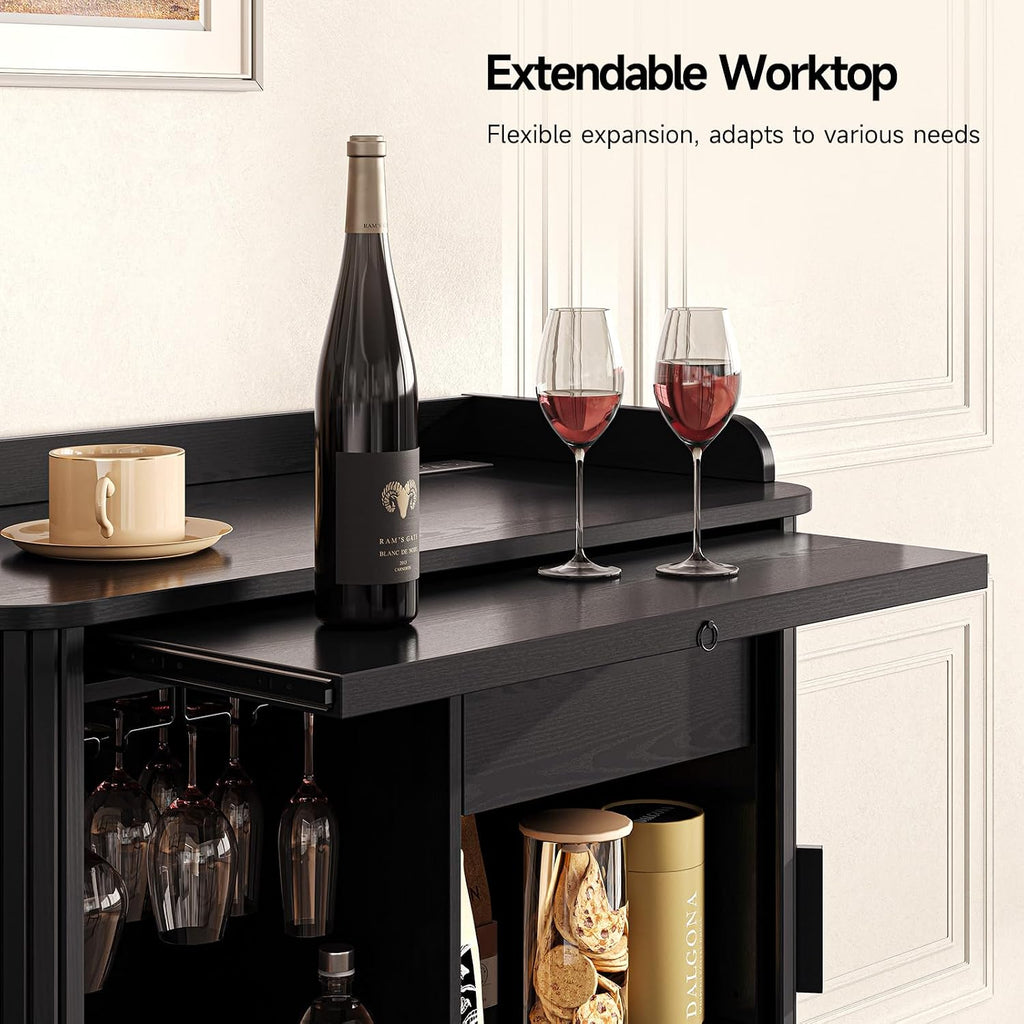 Fluted Bar Cabinet with Storgae, Wine Cabinet, 33" H, Black | Coffee Bar Cabinet, Liquor Cabinet, with Charging