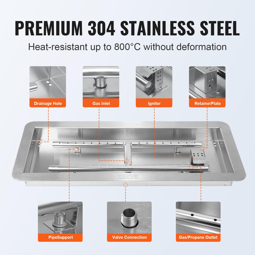 24 x 8 inch Drop-in Fire Pit Pan, Rectangular Stainless Steel Fire Pit Burner Kit, Propane Gas Fire Pan 120, 000 BTU