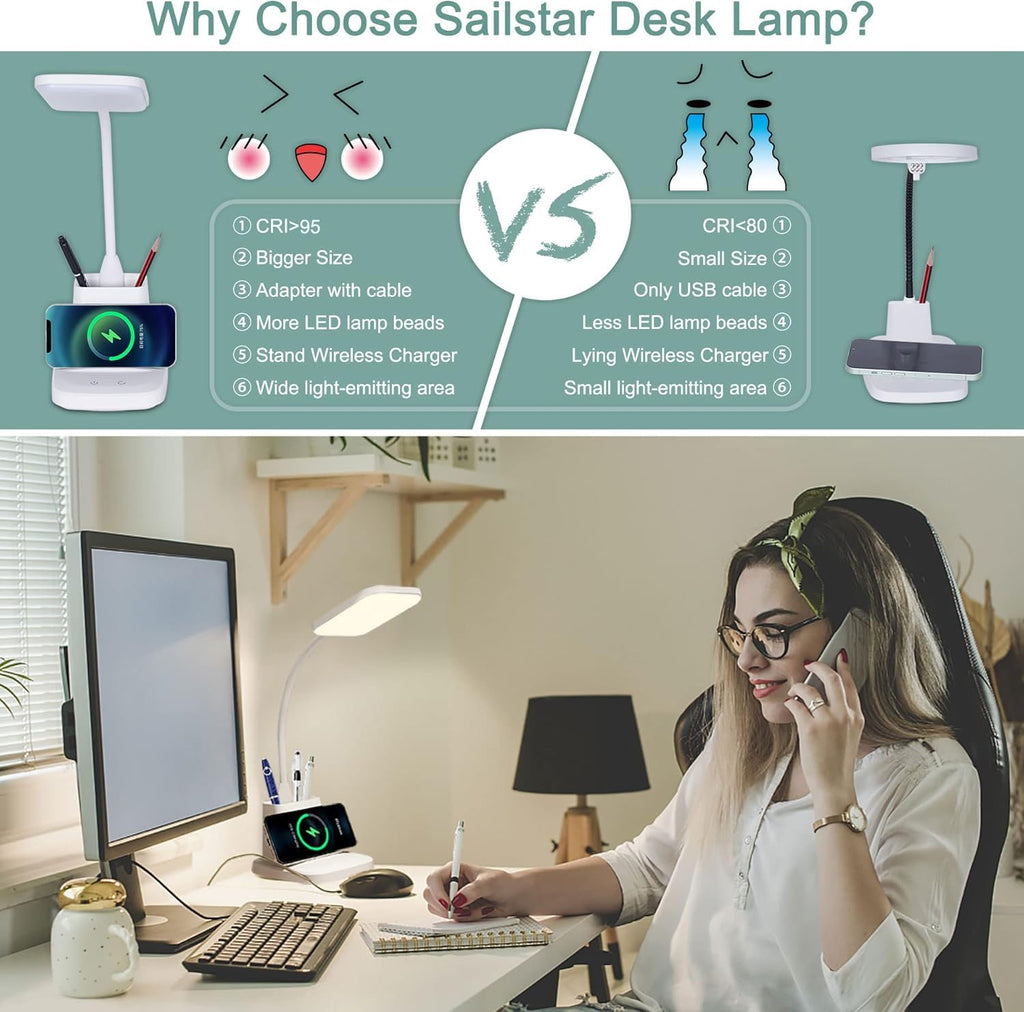 Upgraded 10W Wireless Charging LED Desk Lamp with Pen Holder, White