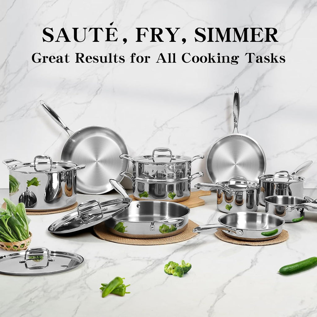 Stainless Steel Cookware Set, 3 Ply 17 Piece Stainless Steel Pot and Pan Set, Oven Dishwasher Safe | Induction