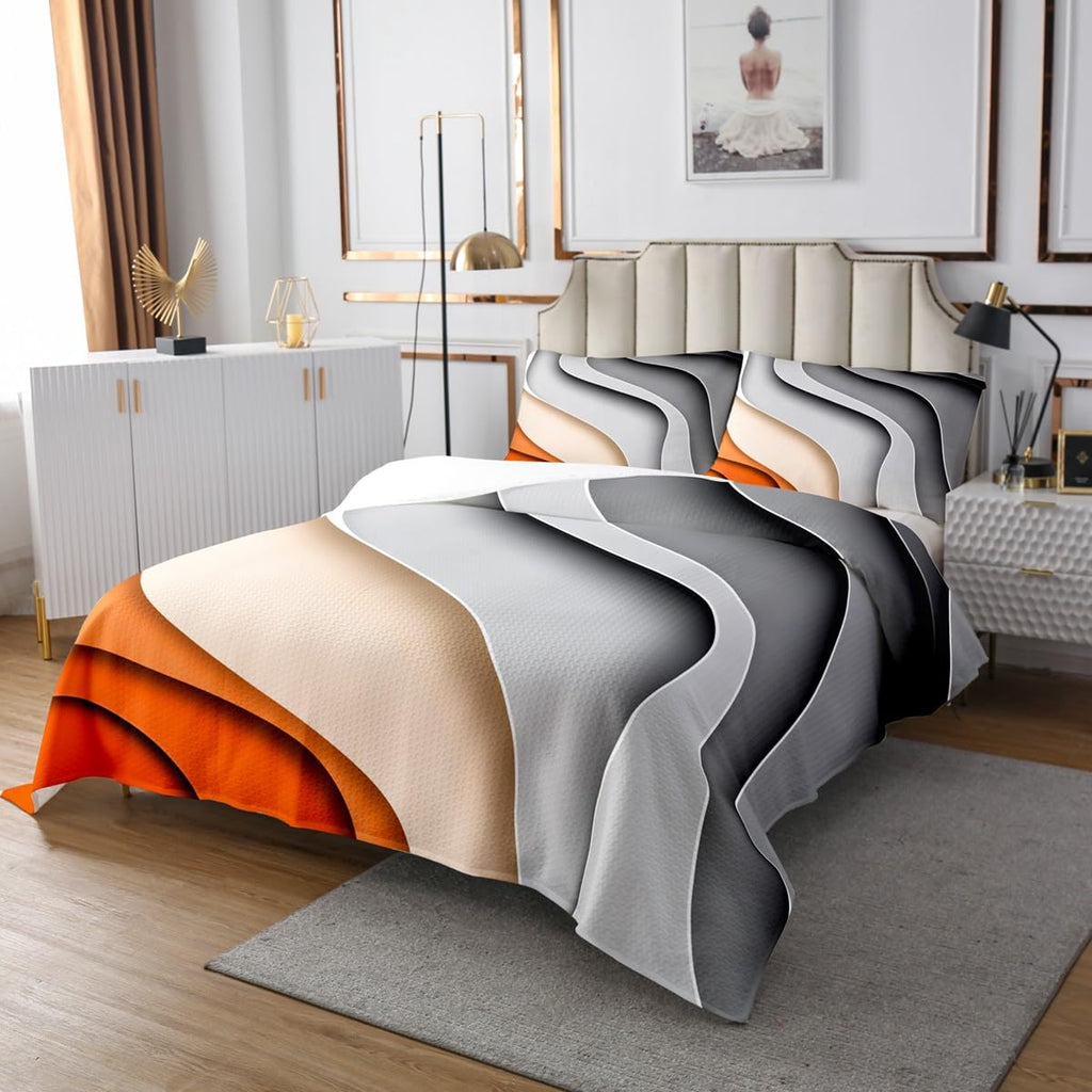 Sea Wave Bedspread Ocean Quilt Set, Abstract Art Coverlet Set Orange Gradient Stripe Bedding Set, Coastal