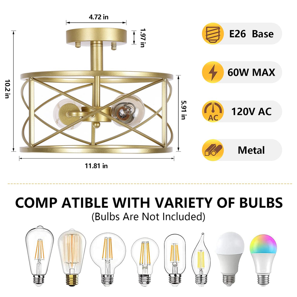2-Light Semi Flush Mount Matte Gold Ceiling Light Fixture, Farmhouse Industrial Metal Cage with Adjustable Height