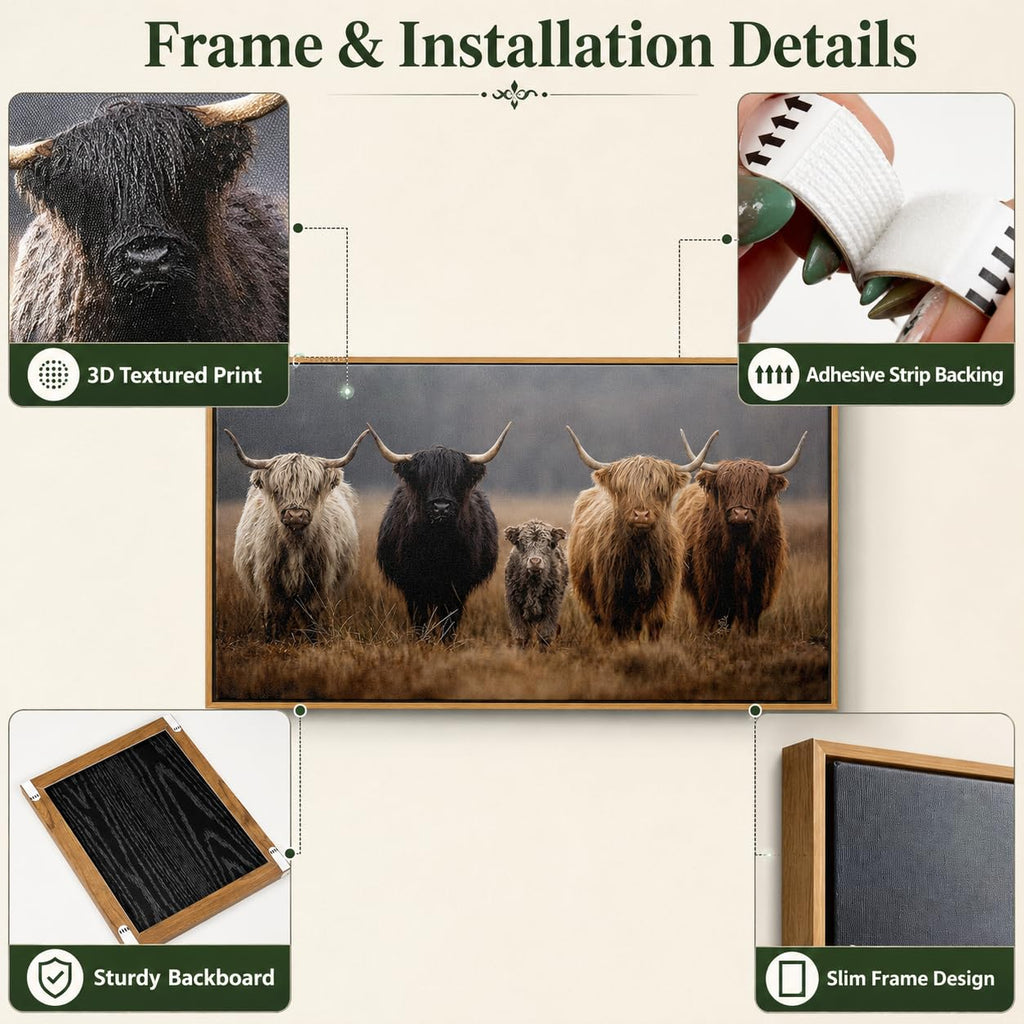 Framed Highland Cow Family Farmhouse Canvas Wall Art 16x32 Inch