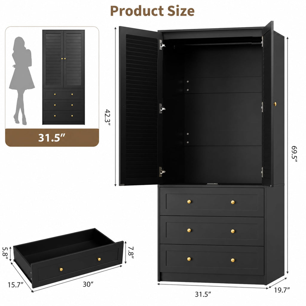 70" Wardrobe Armoire Wooden Closet with 3 Drawers, Black