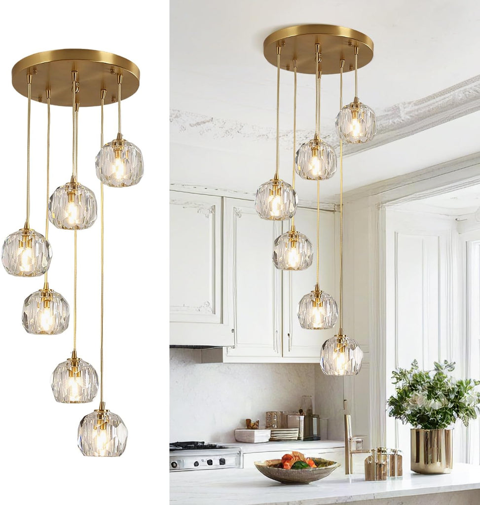 Modern 6 Lights Cluster Pendant Lighting Multi Light Gold Crystal Chandelier Pendant Light Mid Century Anti Brass Clear Glass Round Ceiling Hanging Light Fixture A116-B0CDX2P993