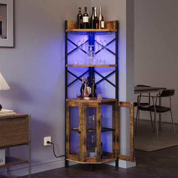 Corner Bar Cabinet with Power Outlet, 5-Tier Corner Wine Cabinet with Led Strip and Glass Holder, Industrial Tall