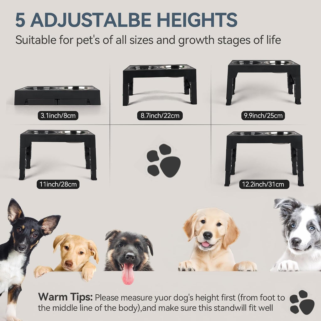 Elevated Dog Bowls, Raised Dog Bowl with Slow Feeder Bowl & Stainless Steel Bowls, 5 Heights Adjustable Dog Feeding