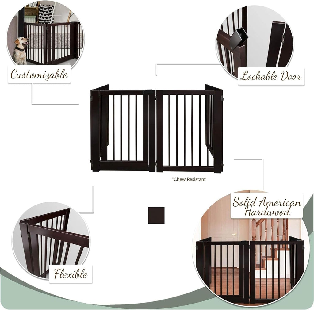 Freestanding Wooden Pet Gate with Door Adjustable Dog Barrier Portable Indoor Safety Fence for Pets Durable Wood