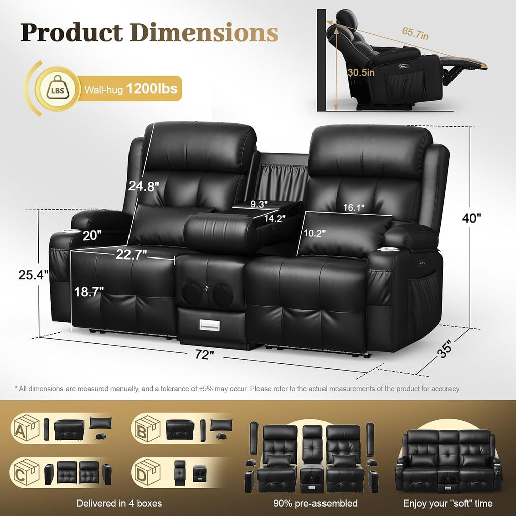Power Reclining Loveseat Sofa with Console, Wall Hugger RV Recliner Couch, Home Theater Seating with Heating &