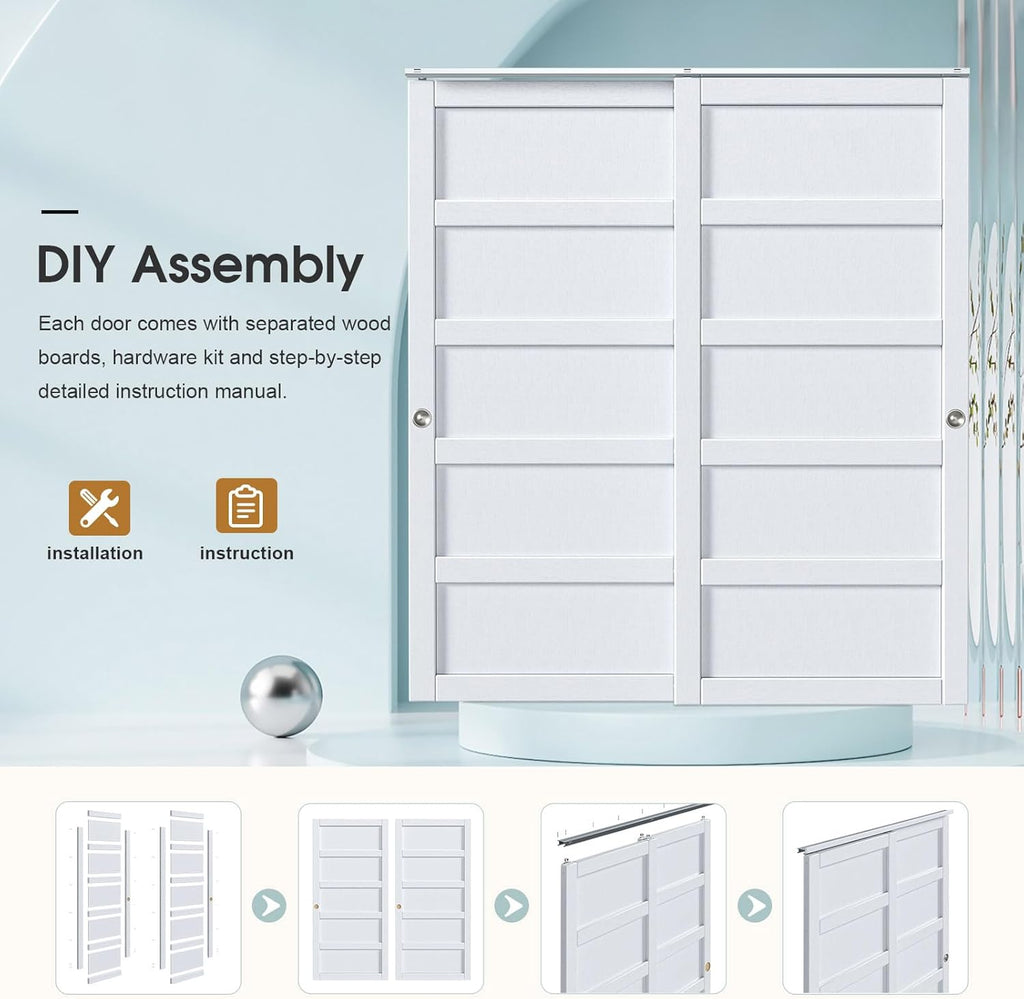 Sliding Closet Door 72"×80" (Double 37"), 5 Panels Bypass Barn Doors with Hardware Track Kit Include
