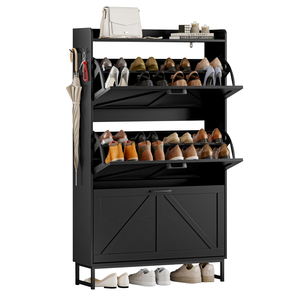 Shoe Cabinet Storage, Shoe Storage Cabinet with 4 Flip Drawers, Freestanding Narrow Shoe Rack Organizer with Metal