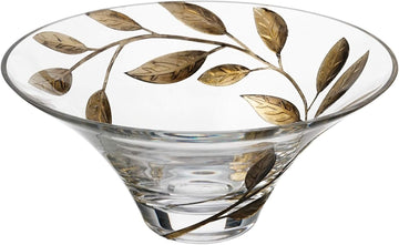 Decorative Glass Bowl Fruit Display - Etched, Hand Painted Leaves Decor - Mouth Blown Clear Glass - Large Salad