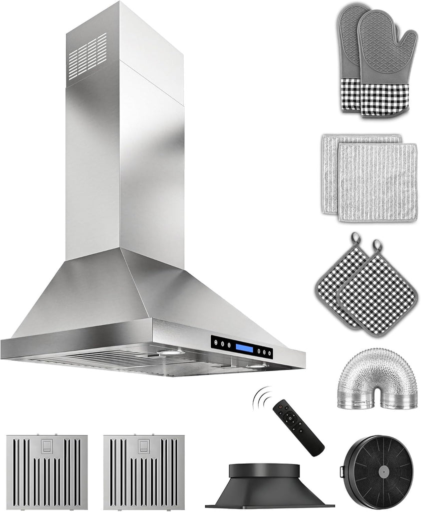 30 Inch Stainless Steel Wall Mount Range Hood 900 CFM Ultra-Quiet 4 Speed Touch & Remote Control, LED Lights Convertible Ducted/Ductless